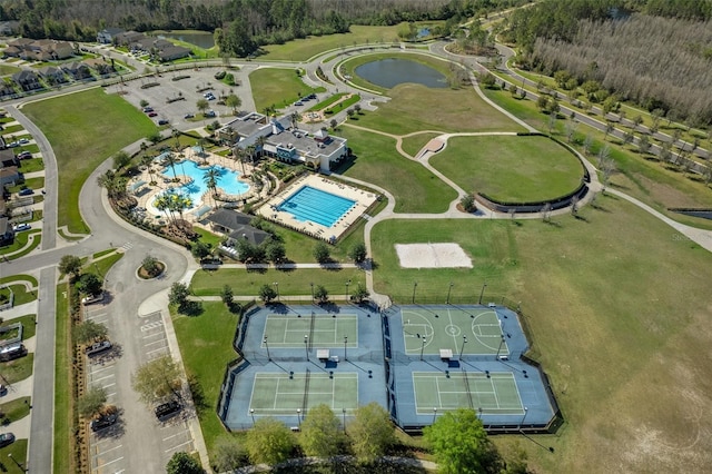 aerial view featuring a water view