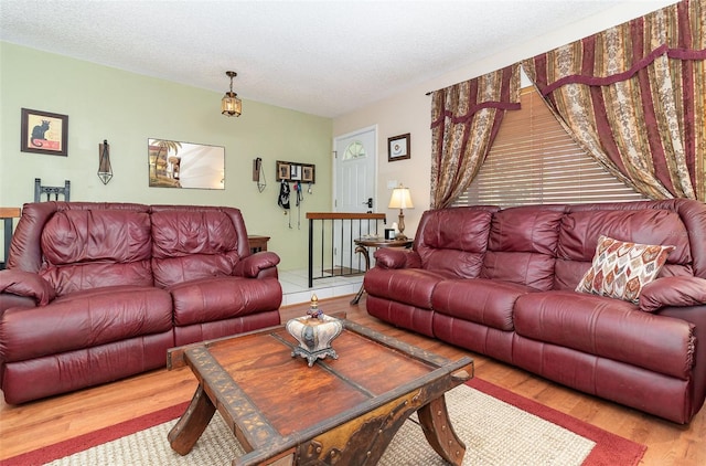 living area featuring a textured ceiling and wood finished floors