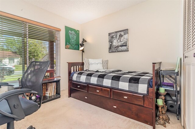 bedroom featuring carpet and a textured ceiling