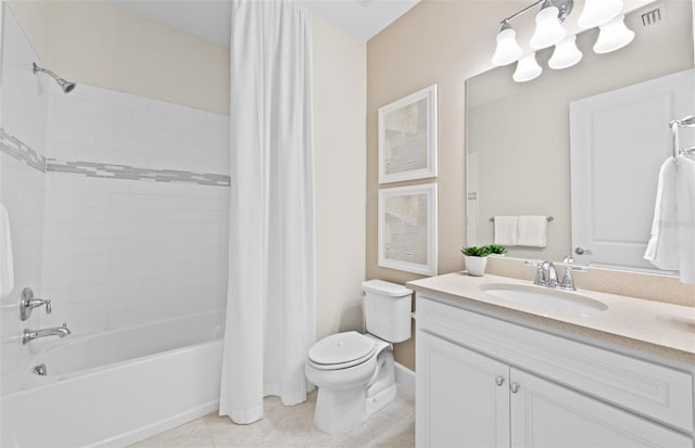 full bathroom featuring visible vents, toilet, tile patterned floors, vanity, and shower / bathtub combination with curtain