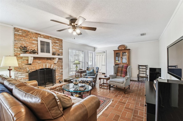 living area with baseboards, visible vents, brick floor, and ornamental molding