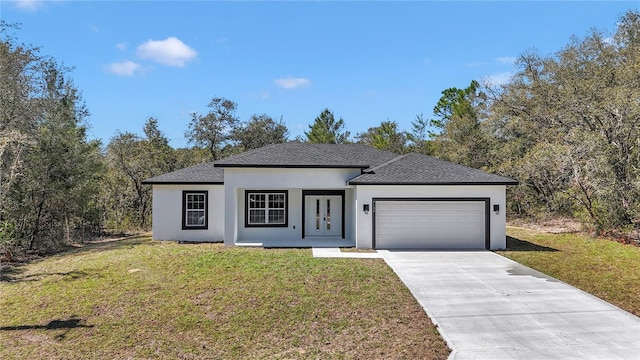 single story home featuring roof with shingles, stucco siding, a front lawn, concrete driveway, and a garage