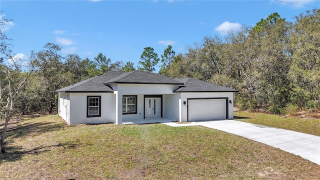 view of front of house with stucco siding, concrete driveway, a front yard, a shingled roof, and a garage