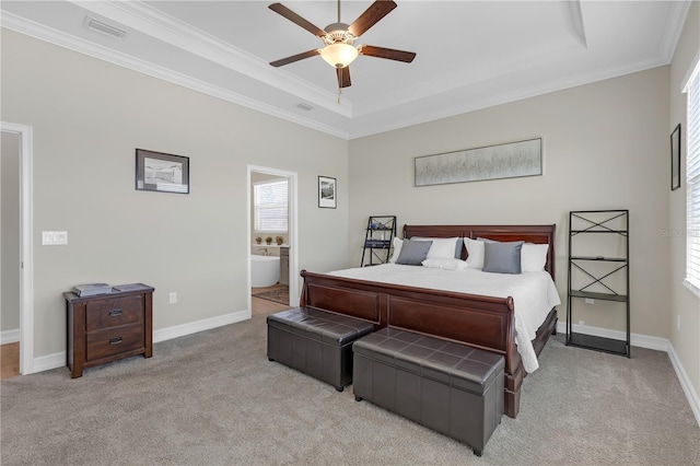 bedroom featuring light carpet, visible vents, crown molding, and baseboards