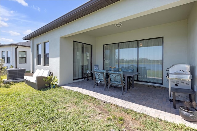 exterior space featuring central air condition unit, a grill, and outdoor lounge area