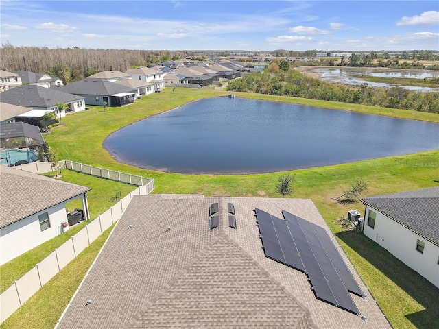 aerial view with a water view and a residential view