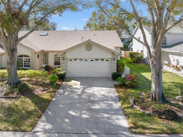 ranch-style home with stucco siding, driveway, a front lawn, an attached garage, and a chimney