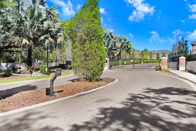 view of street featuring a gate, sidewalks, curbs, street lights, and a gated entry