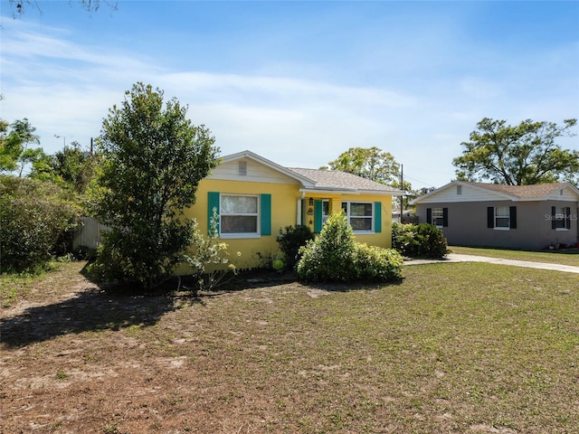 single story home featuring a front yard, fence, and stucco siding