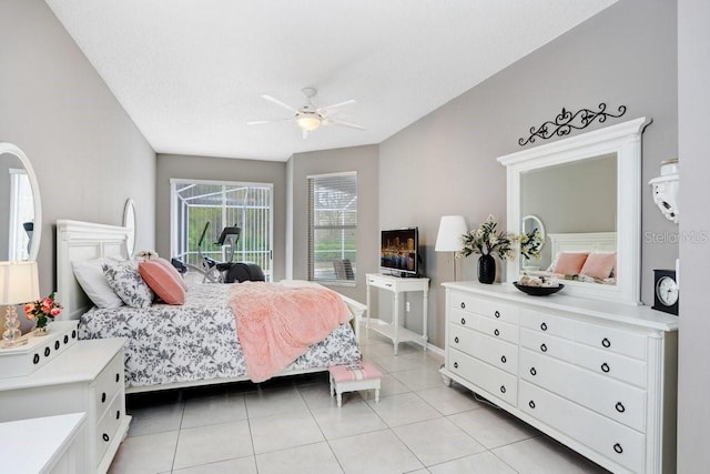 bedroom with light tile patterned flooring and a ceiling fan