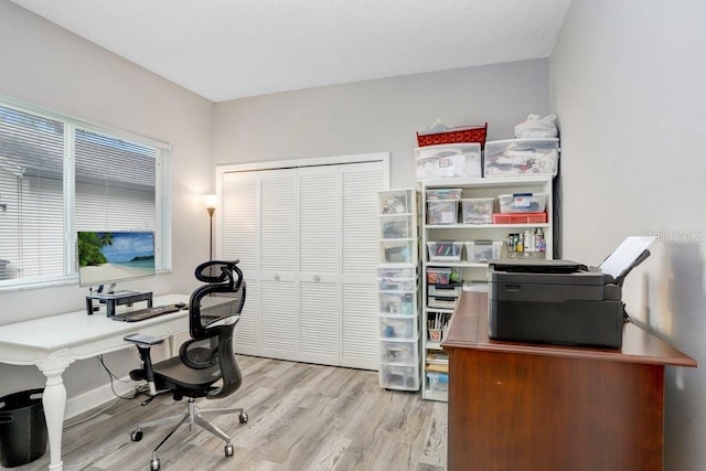 office with baseboards and wood finished floors