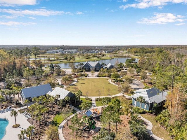 birds eye view of property featuring a water view