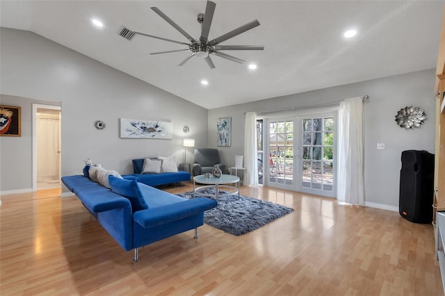 living area featuring visible vents, recessed lighting, light wood finished floors, baseboards, and ceiling fan