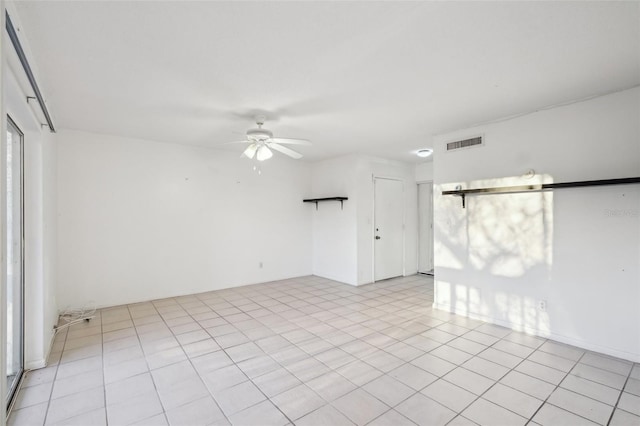 empty room featuring visible vents and a ceiling fan