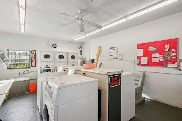 common laundry area featuring washer and dryer, a textured ceiling, stacked washer / drying machine, and ceiling fan