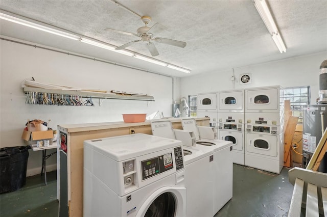 common laundry area with a textured ceiling, washing machine and dryer, gas water heater, stacked washer / dryer, and ceiling fan