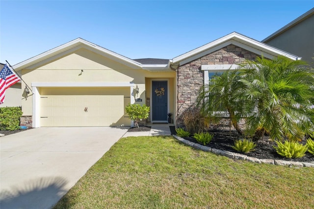 single story home featuring an attached garage, stone siding, and stucco siding