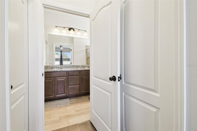 full bathroom featuring a sink, wood tiled floor, and double vanity