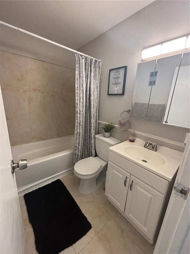 full bathroom featuring visible vents, toilet, shower / tub combo, tile patterned floors, and vanity