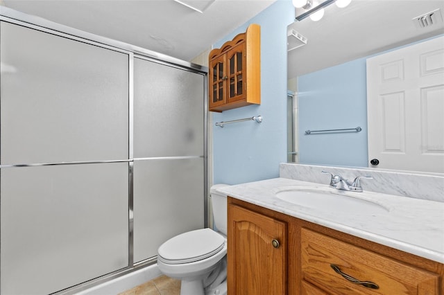 full bath with vanity, visible vents, a stall shower, tile patterned floors, and toilet