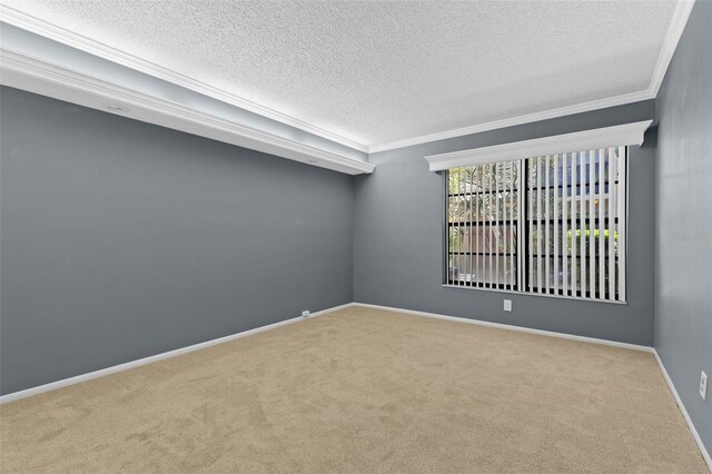 empty room with carpet flooring, a textured ceiling, crown molding, and baseboards