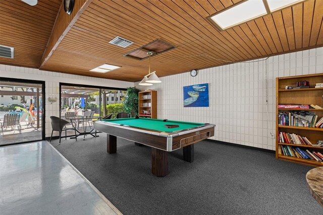 rec room with pool table, wooden ceiling, and visible vents