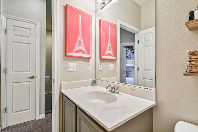 bathroom featuring toilet, vanity, and a textured wall