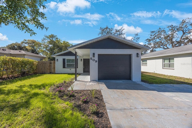 single story home featuring an attached garage, a front lawn, fence, stucco siding, and driveway