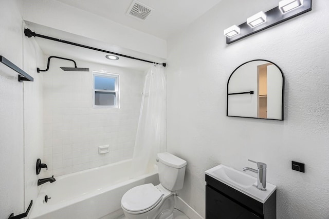 bathroom with visible vents, toilet, vanity, and shower / bathtub combination with curtain