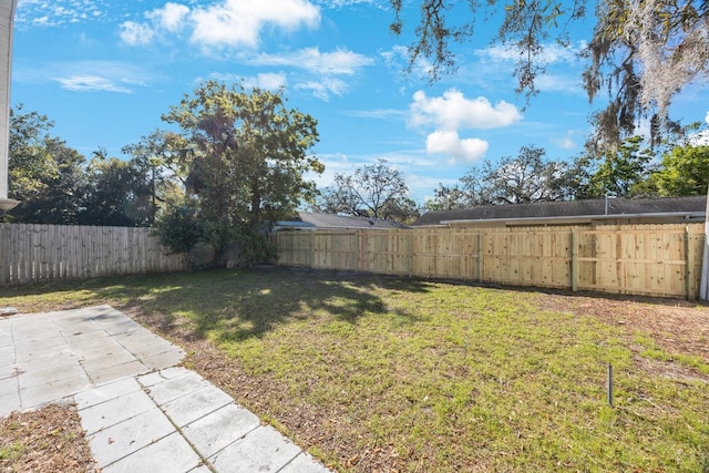 view of yard with a fenced backyard and a patio area