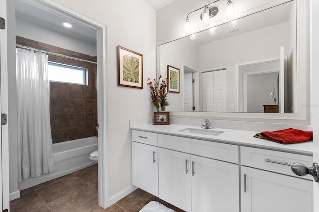 bathroom with tile patterned floors, shower / bathtub combination with curtain, visible vents, toilet, and vanity