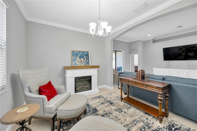 tiled living room featuring arched walkways, visible vents, crown molding, and an inviting chandelier