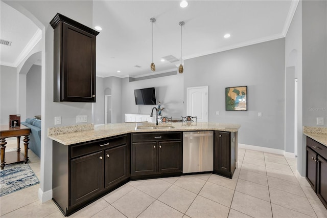 kitchen with a peninsula, arched walkways, a sink, dishwasher, and crown molding