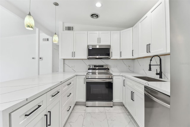 kitchen with marble finish floor, visible vents, appliances with stainless steel finishes, and a sink