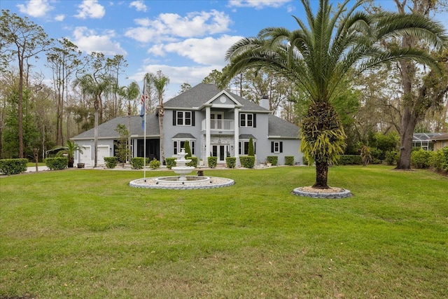 back of property featuring french doors, a balcony, an attached garage, and a lawn