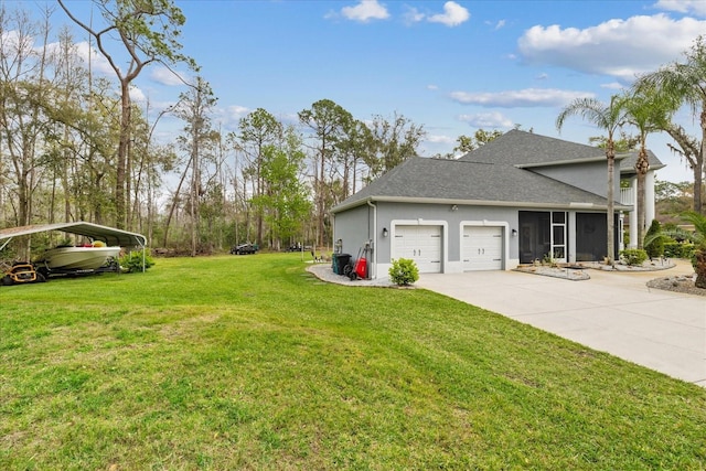 view of home's exterior featuring a detached carport, driveway, an attached garage, a yard, and stucco siding