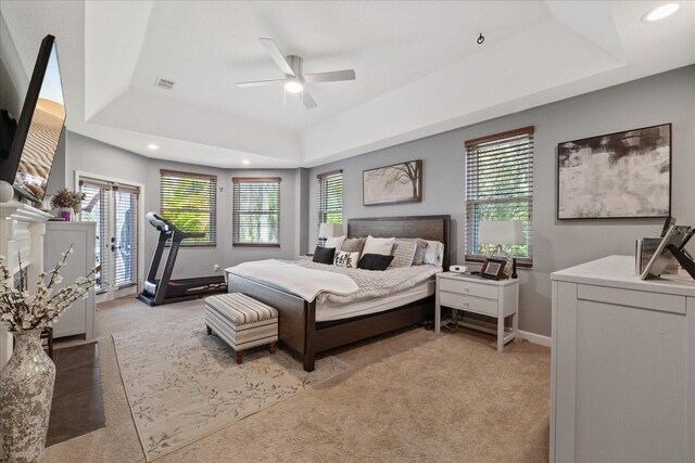 bedroom featuring multiple windows, a raised ceiling, light carpet, and access to outside