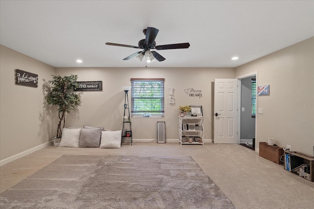 sitting room featuring recessed lighting, baseboards, carpet floors, and ceiling fan