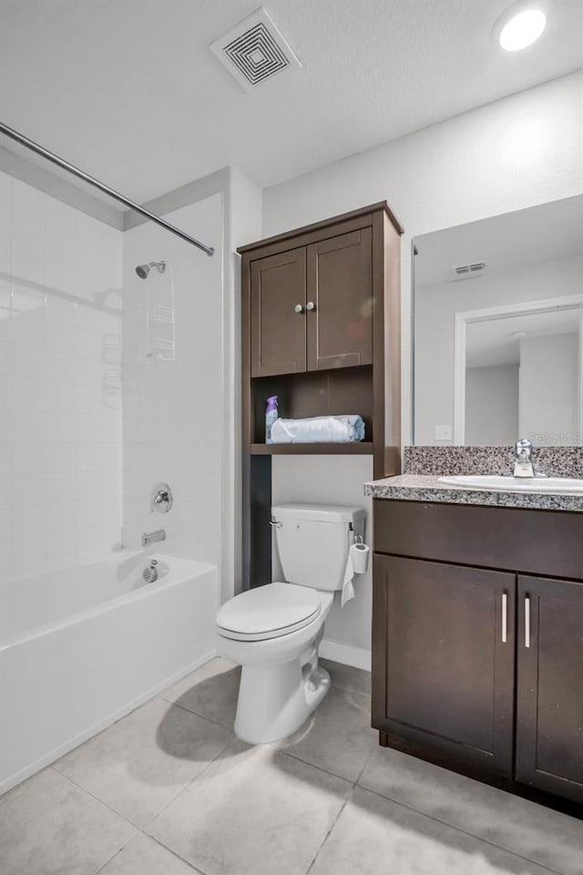 full bath with vanity, bathing tub / shower combination, toilet, and visible vents