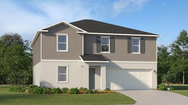 traditional-style house with a front yard, a garage, driveway, and stucco siding