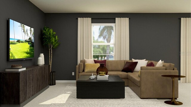 living area featuring baseboards and light carpet