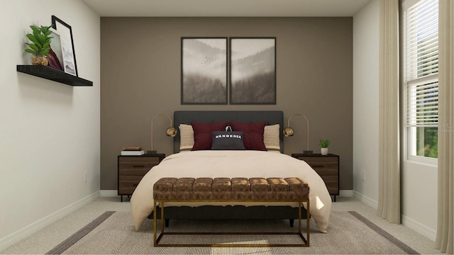 bedroom featuring baseboards and light carpet