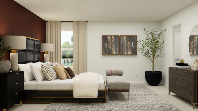 bedroom featuring carpet, baseboards, and arched walkways