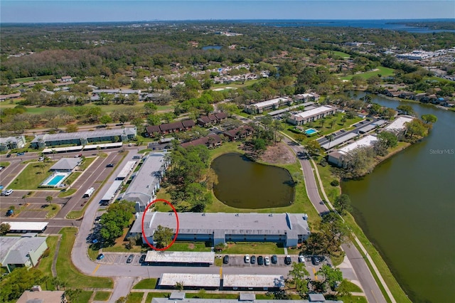 bird's eye view with a water view