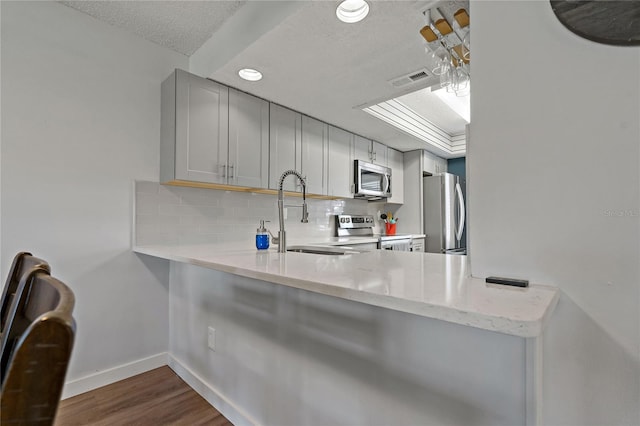 kitchen with backsplash, dark wood finished floors, stainless steel appliances, a textured ceiling, and a sink