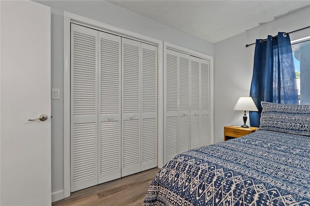 bedroom featuring two closets and wood finished floors