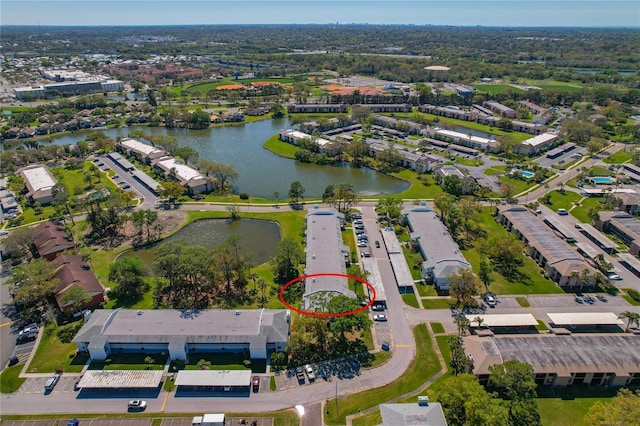 drone / aerial view featuring a water view