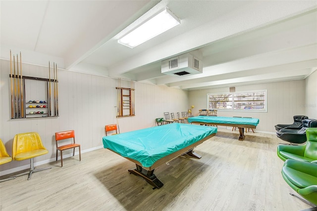 game room with visible vents, baseboards, beamed ceiling, wood finished floors, and billiards