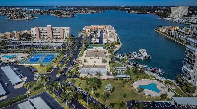 aerial view featuring a water view