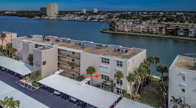 bird's eye view with a water view